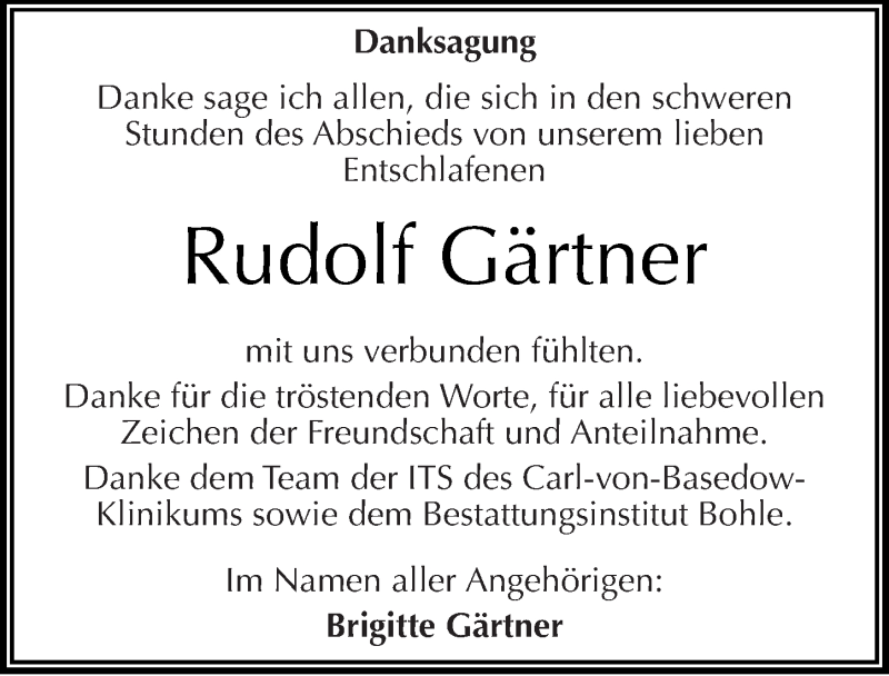 Traueranzeigen von Rudolf Gärtner www.abschiednehmen.de