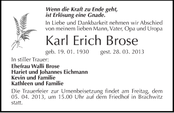 Traueranzeige von Karl Erich Brose von Mitteldeutsche Zeitung Halle/Saalkreis