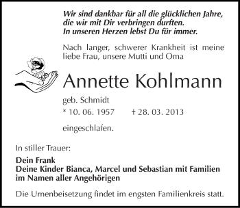 Traueranzeige von Annette Kohlmann von Mitteldeutsche Zeitung Halle/Saalkreis