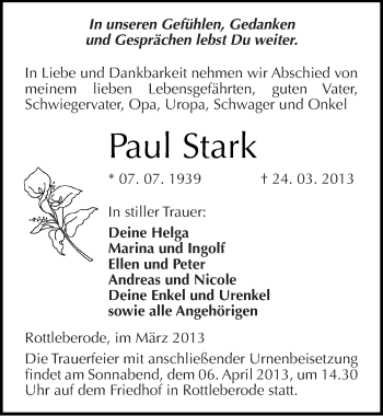 Traueranzeige von Paul Stark von Mitteldeutsche Zeitung Sangerhausen