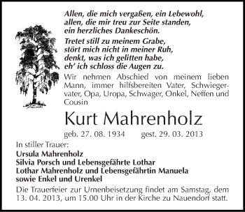 Traueranzeige von Kurt Mahrenholz von Mitteldeutsche Zeitung Halle/Saalkreis