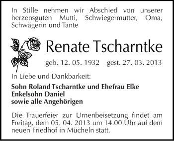 Traueranzeige von Renate Tscharntke von Mitteldeutsche Zeitung Merseburg/Querfurt