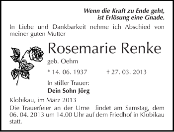 Traueranzeige von Rosemarie Renke von Mitteldeutsche Zeitung Merseburg/Querfurt