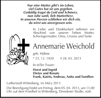 Traueranzeige von Annemarie Weichold von Mitteldeutsche Zeitung Wittenberg