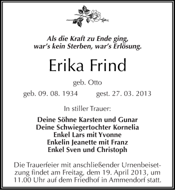 Traueranzeige von Erika Frind von Mitteldeutsche Zeitung Halle/Saalkreis