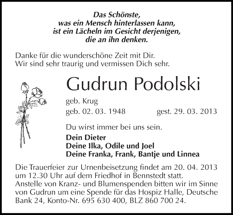  Traueranzeige für Gudrun Podolski vom 03.04.2013 aus Mitteldeutsche Zeitung Halle/Saalkreis