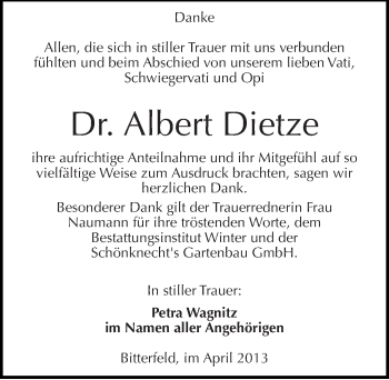 Traueranzeige von Albert Dietze von Mitteldeutsche Zeitung Bitterfeld