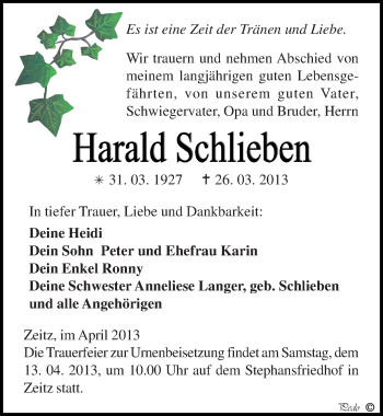 Traueranzeige von Harald Schlieben von Mitteldeutsche Zeitung Zeitz