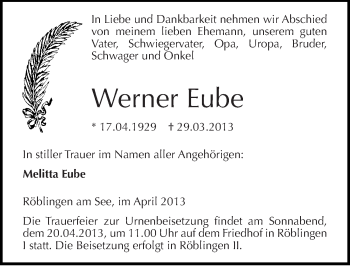 Traueranzeige von Werner Eube von Mitteldeutsche Zeitung Aschersleben