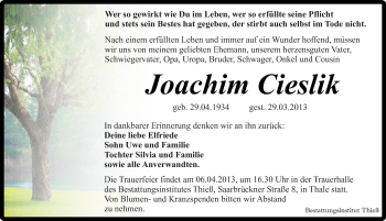 Traueranzeige von Joachim Cieslik von Mitteldeutsche Zeitung Quedlinburg