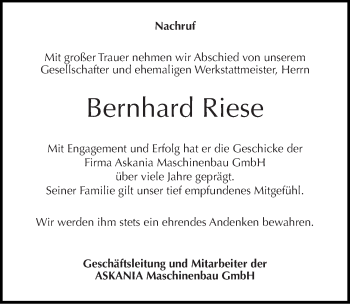 Traueranzeige von Bernhard Riese von Mitteldeutsche Zeitung Sangerhausen