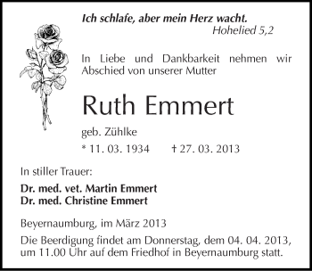 Traueranzeige von Ruth Emmert von Mitteldeutsche Zeitung Mansfelder Land