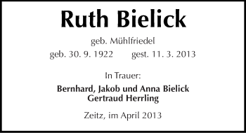 Traueranzeige von Ruth Bielick von Mitteldeutsche Zeitung Zeitz
