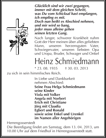 Traueranzeige von Heinz Schmiedmann von Mitteldeutsche Zeitung Naumburg/Nebra