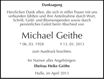 Traueranzeige von Michael Geithe von Mitteldeutsche Zeitung Halle/Saalkreis