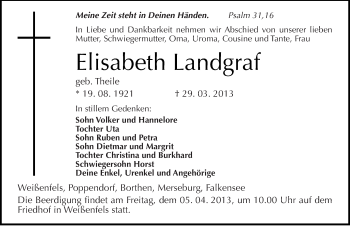 Traueranzeige von Elisabeth Landgraf von Mitteldeutsche Zeitung Naumburg/Nebra