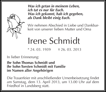 Traueranzeige von Irene Schmidt von Mitteldeutsche Zeitung Halle/Saalkreis