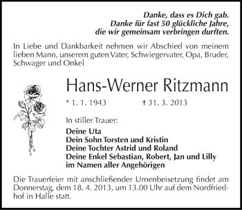 Traueranzeige von Hans-Werner Ritzmann von Mitteldeutsche Zeitung Halle/Saalkreis