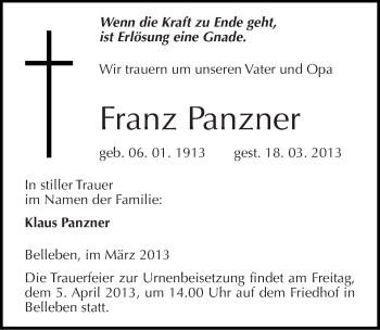 Traueranzeige von Franz Panzner von Mitteldeutsche Zeitung Bernburg