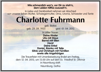 Traueranzeige von Charlotte Fuhrmann von Mitteldeutsche Zeitung Naumburg/Nebra