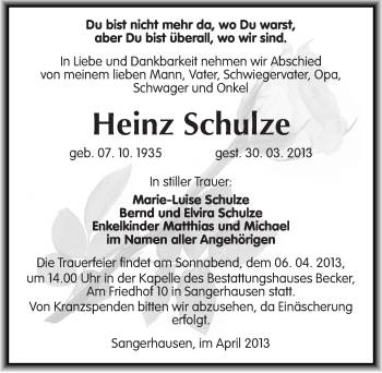 Traueranzeige von Heinz Schulze von Mitteldeutsche Zeitung Sangerhausen