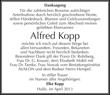 Traueranzeige von Alfred Kopp von Mitteldeutsche Zeitung Halle/Saalkreis