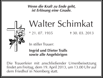 Traueranzeige von Walter Schimkat von Mitteldeutsche Zeitung Halle/Saalkreis