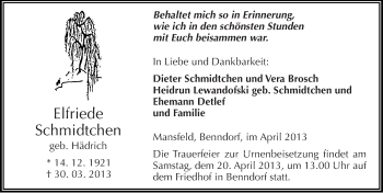 Traueranzeige von Elfriede Schmidtchen von Mitteldeutsche Zeitung Aschersleben
