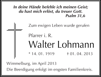 Traueranzeige von Walter Lohmann von Mitteldeutsche Zeitung Mansfelder Land