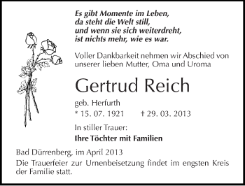 Traueranzeige von Gertrud Reich von Mitteldeutsche Zeitung Merseburg/Querfurt