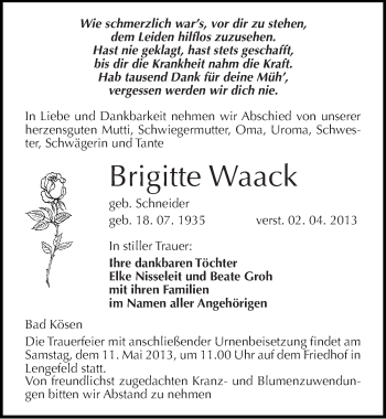 Traueranzeige von Brigitte Waack von Mitteldeutsche Zeitung Naumburg/Nebra