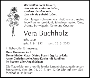 Traueranzeige von Vera Buchholz von Mitteldeutsche Zeitung Halle/Saalkreis