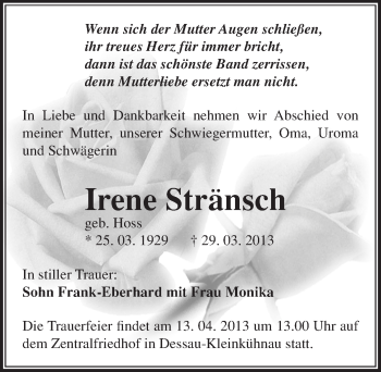 Traueranzeige von Irene Stränsch von Mitteldeutsche Zeitung Dessau-Roßlau