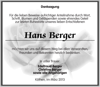 Traueranzeige von Hans Berger von Mitteldeutsche Zeitung Köthen