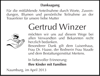 Traueranzeige von Gertrud Winzer von Mitteldeutsche Zeitung Naumburg/Nebra