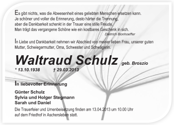 Traueranzeige von Waltraud Schulz von Mitteldeutsche Zeitung Aschersleben
