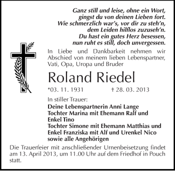 Traueranzeige von Roland Riedel von Mitteldeutsche Zeitung Bitterfeld