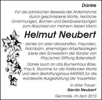 Traueranzeige von Helmut Neubert von Mitteldeutsche Zeitung Quedlinburg