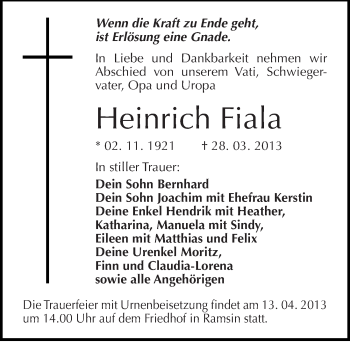 Traueranzeige von Heinrich Fiala von Mitteldeutsche Zeitung Bitterfeld
