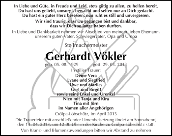 Traueranzeige von Gerhardt Vökler von Mitteldeutsche Zeitung Naumburg/Nebra