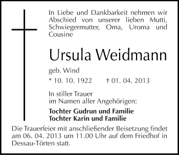 Traueranzeige von Ursula Weidmann von Mitteldeutsche Zeitung Dessau-Roßlau