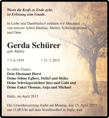 Traueranzeige von Gerda Schürer von Mitteldeutsche Zeitung Halle/Saalkreis