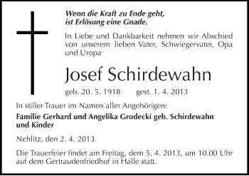 Traueranzeige von Josef Schirdewahn von Mitteldeutsche Zeitung Halle/Saalkreis
