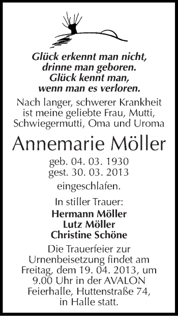 Traueranzeige von Annemarie Möller von Mitteldeutsche Zeitung Halle/Saalkreis