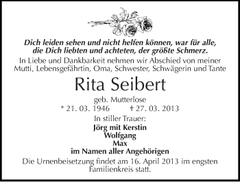 Traueranzeige von Rita Seibert von Mitteldeutsche Zeitung Halle/Saalkreis