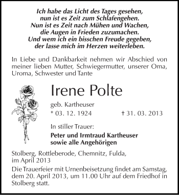 Traueranzeige von Irene Polte von Mitteldeutsche Zeitung Sangerhausen