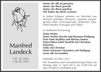 Traueranzeige von Manfred Landeck von Mitteldeutsche Zeitung Mansfelder Land