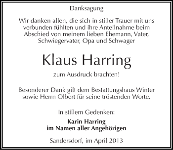 Traueranzeige von Klaus Harring von Mitteldeutsche Zeitung Bitterfeld