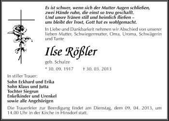 Traueranzeige von Ilse Rößler von Mitteldeutsche Zeitung Köthen