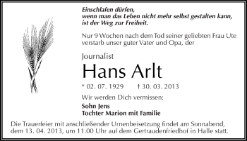 Traueranzeige von Hans Arlt von Mitteldeutsche Zeitung Halle/Saalkreis